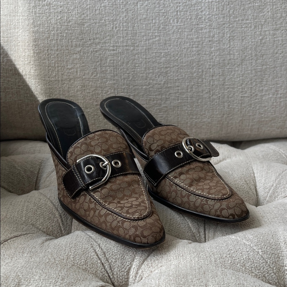 Coach Tan Monogram Mules with Brown Accents